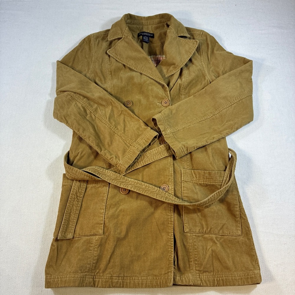 Vintage Abercrombie & Fitch Tan Corduroy Trench Coat Plaid Lined Belted Medium